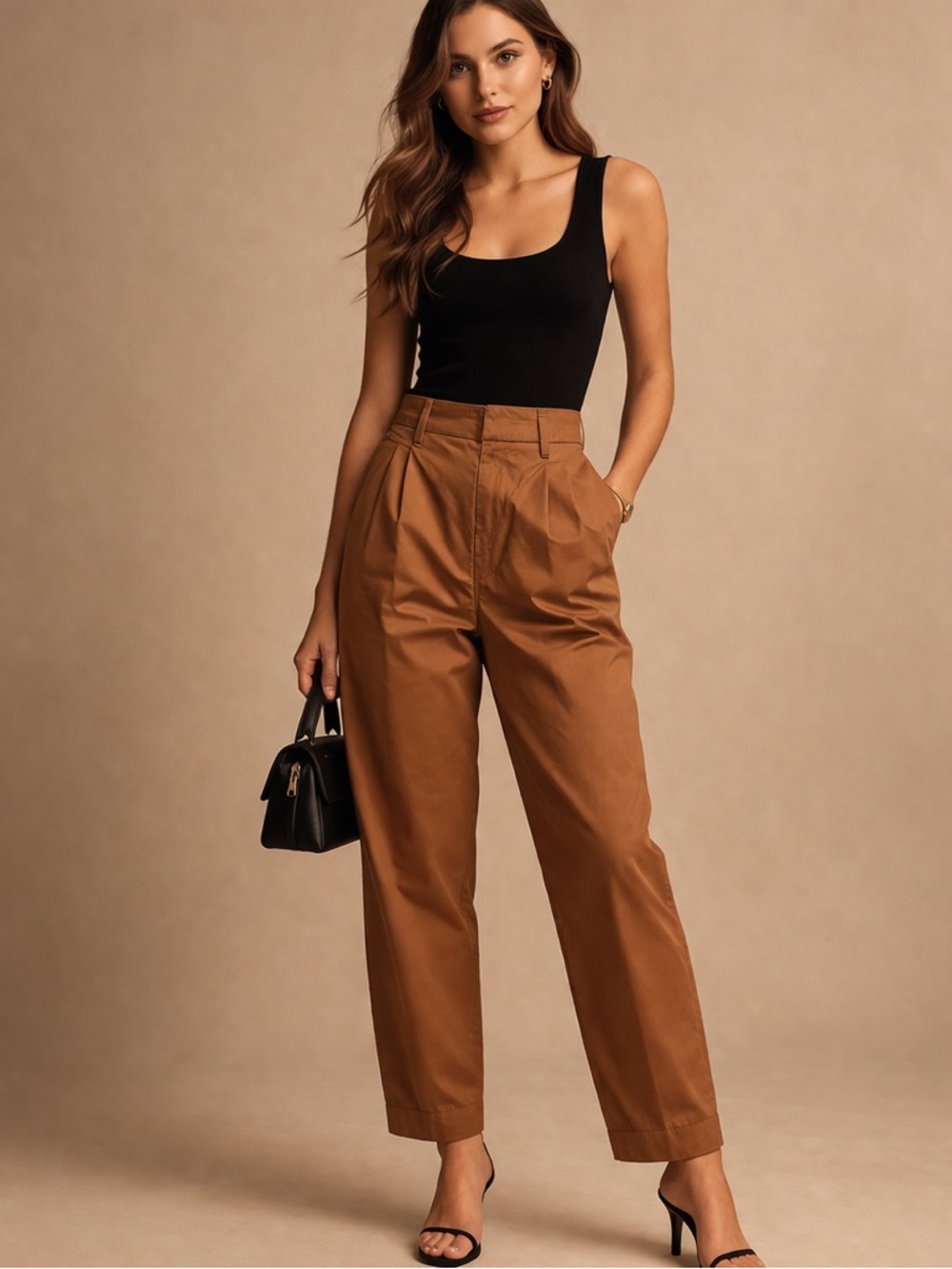 a new day High-Rise Pleated Wide-Leg Trousers in Camel Brown